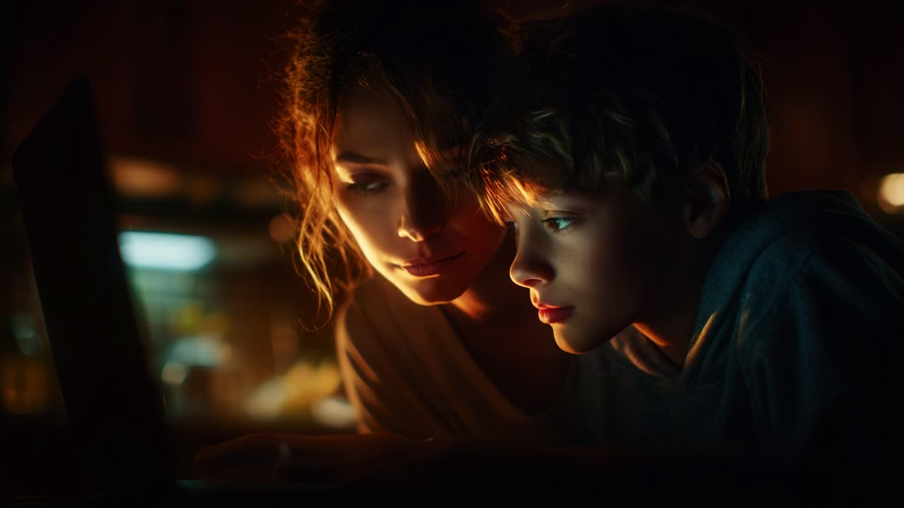 A mother and her son share a focused moment illuminated by the soft glow of a laptop screen, capturing the essence of connection and curiosity in a warmly lit, intimate environment