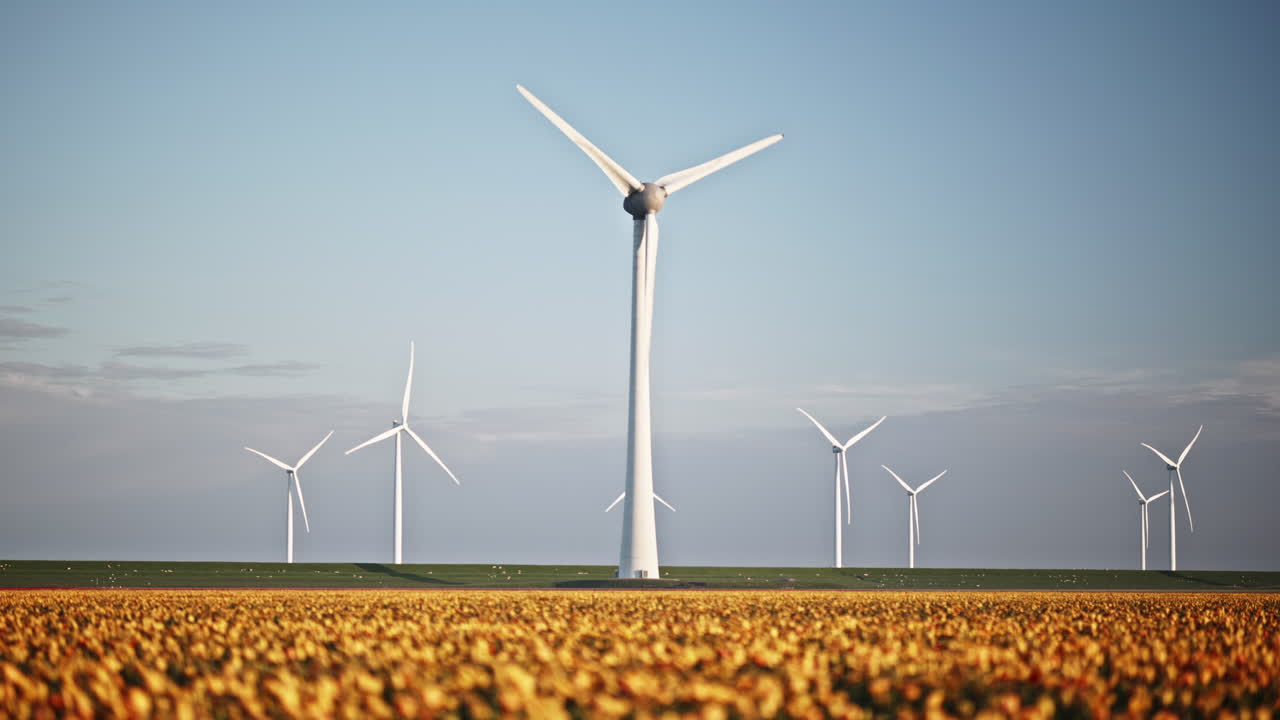 낮에는 튤립 밭과 함께 회전하는 풍력 터빈