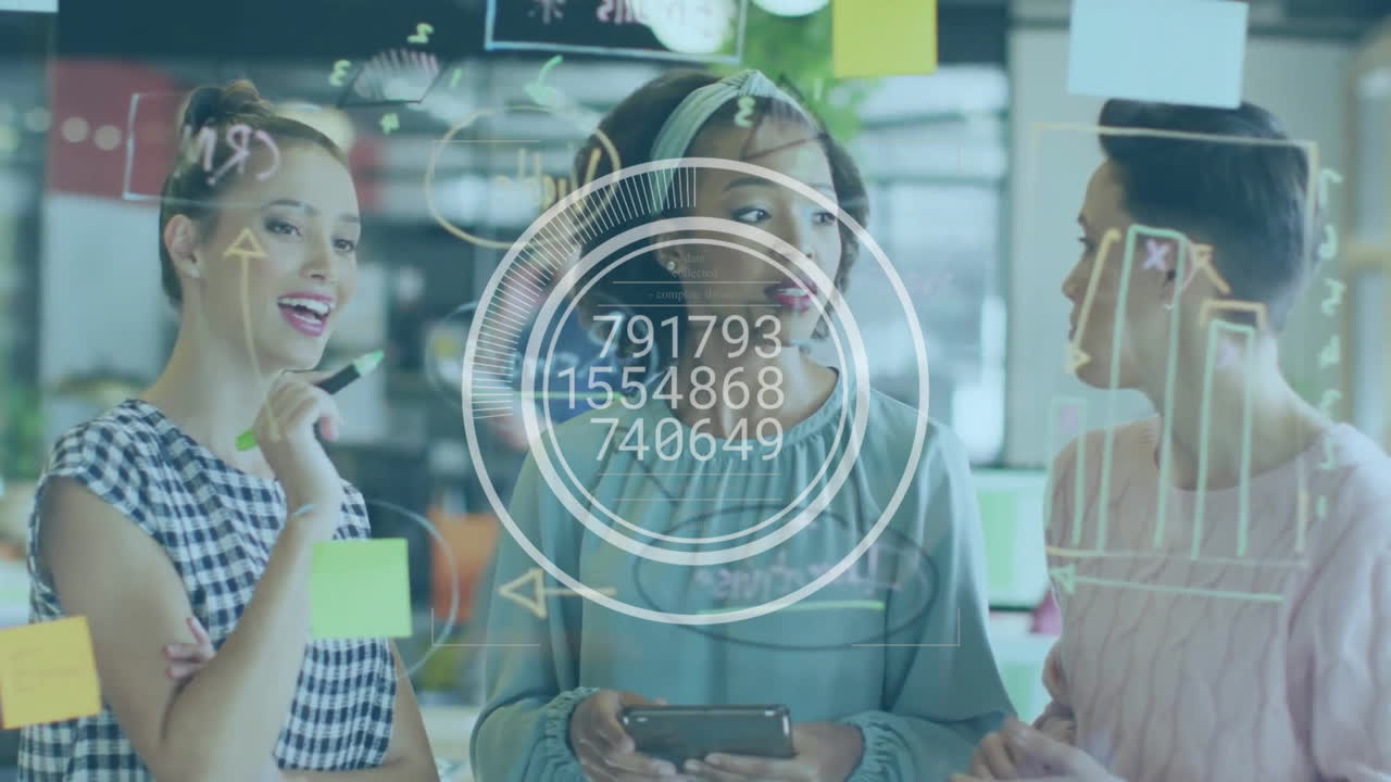 Animation of data processing over diverse colleagues brainstorming in office