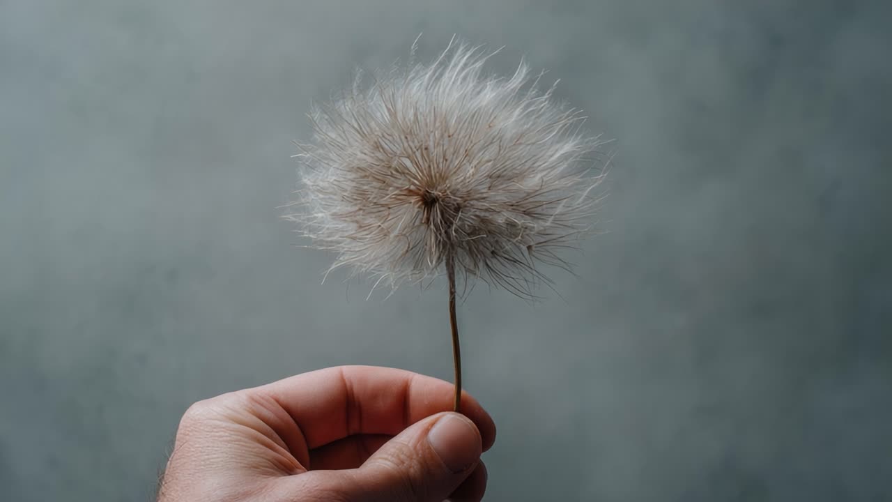 A Close-Up View of a Delicate, Fluffy Dandelion Seed Head Held Gently Between Two Fingers Against a Subtle Textured Background