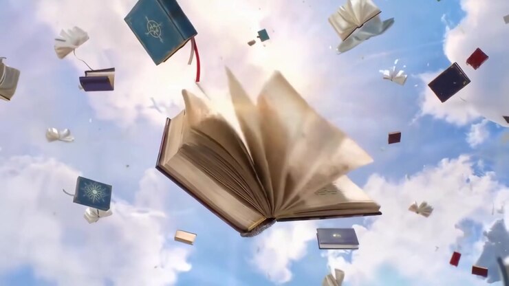 Libri e pagine che fluttuano in un cielo blu brillante