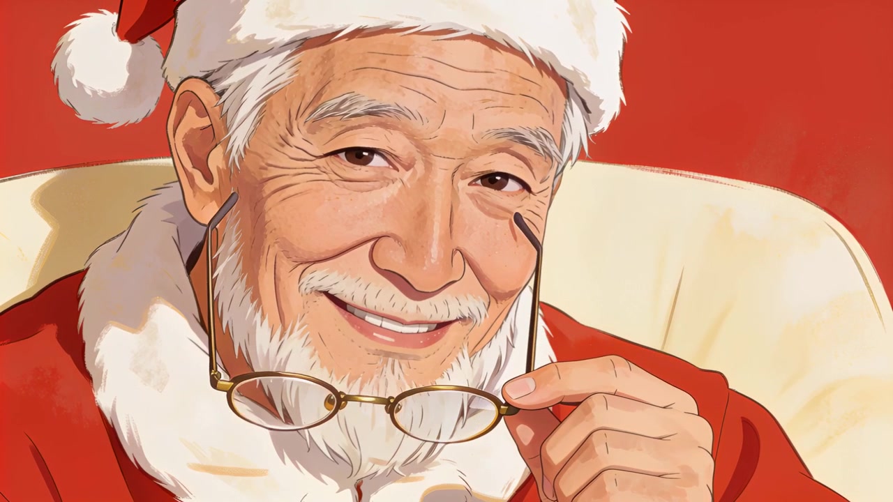 Olhando para a câmera, homem asiático idoso ajustando óculos redondos com armação dourada na cadeira, representando o Papai Noel