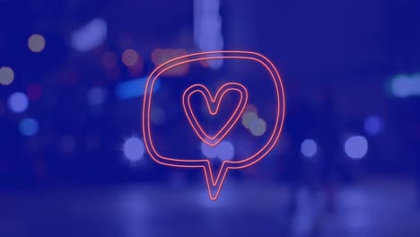 Animation-of-heart-icon-over-cityscape-at-night-on-blue-background