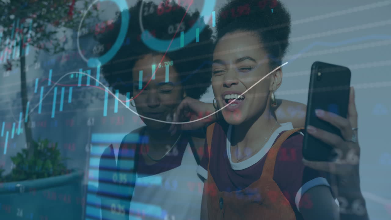 Animation of multiple graphs and trading board, diverse female friends taking selfie using cellphone