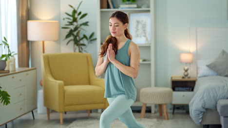 woman, yoga and stretching in home living room