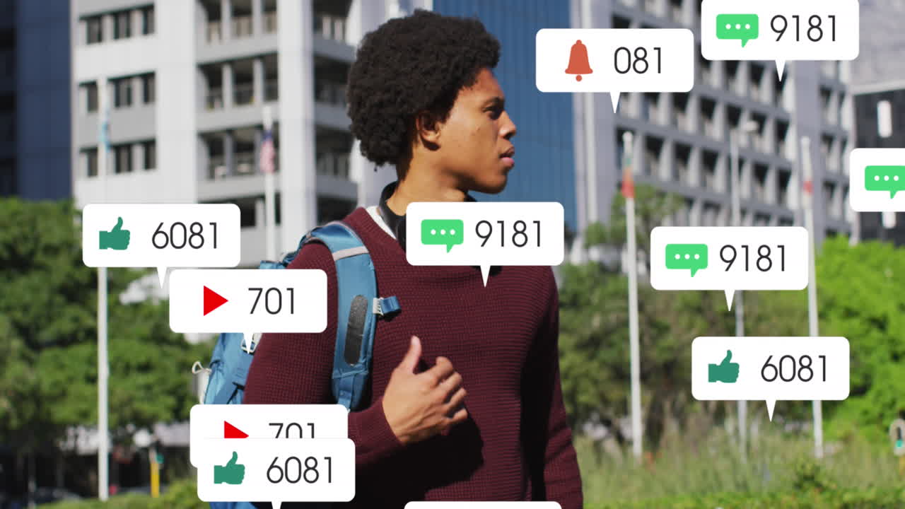 animación de números cambiantes, iconos sobre hombre biracial de pie y mirando el reloj inteligente