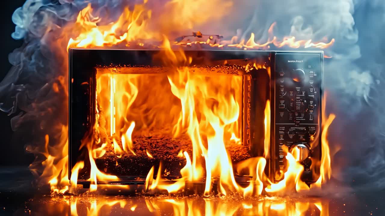 마이크로파 오븐이 불타고 불꽃이 어나오고 있다