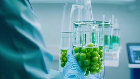 scientist analyzing green grapes in a lab, showcasing food safety and innovation in a high tech laboratory setting