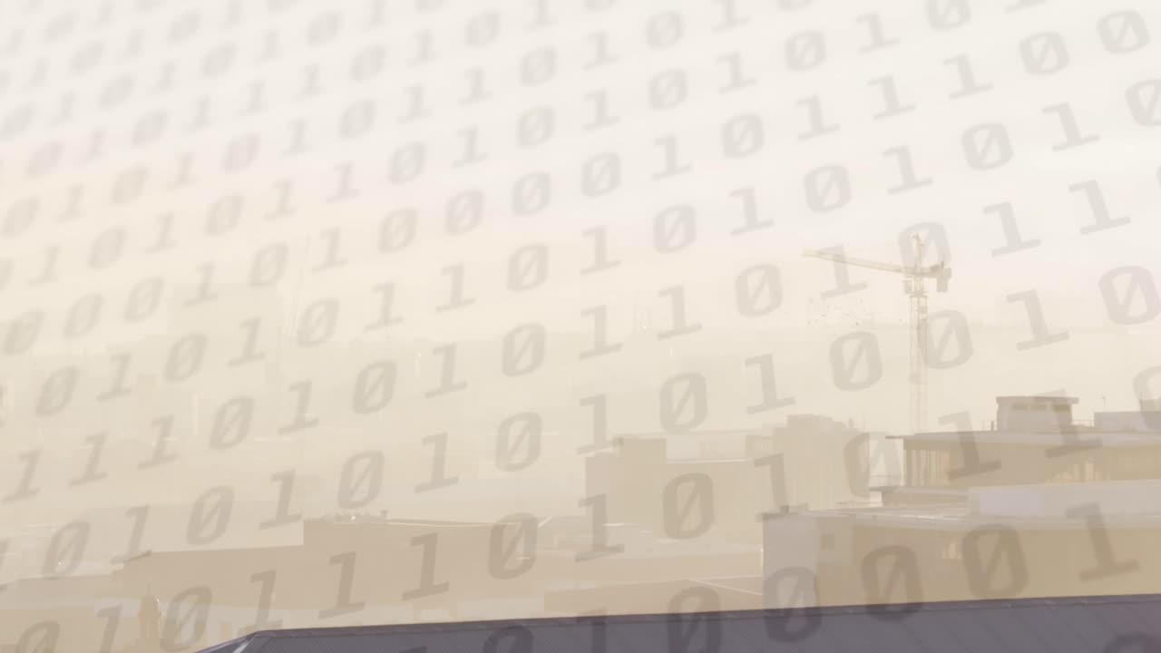 Animation of binary coding over cityscape