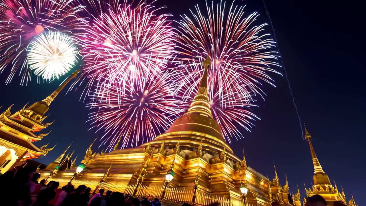 Fireworks over a Golden Temple at Night