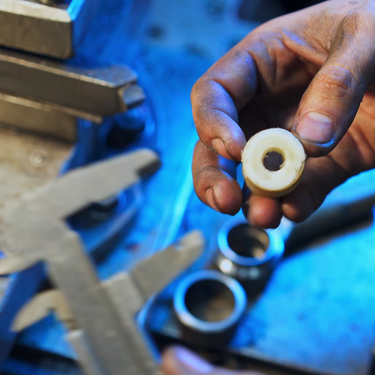 Dirty hands of a turner measuring the plastic piece with the help of calipers. Close up. Metal lathe background in blur