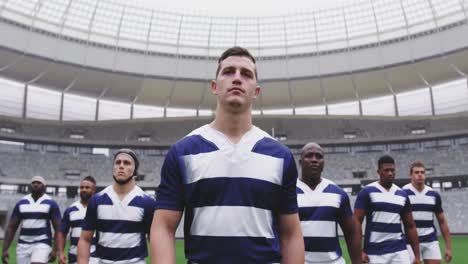 male rugby players walking together in the stadium 4k