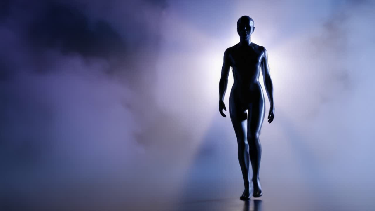 Una figura solitaria scivola attraverso una nebbia eterea, illuminata da una luce soffusa, creando un'atmosfera surreale di mistero ed eleganza in una scena accattivante