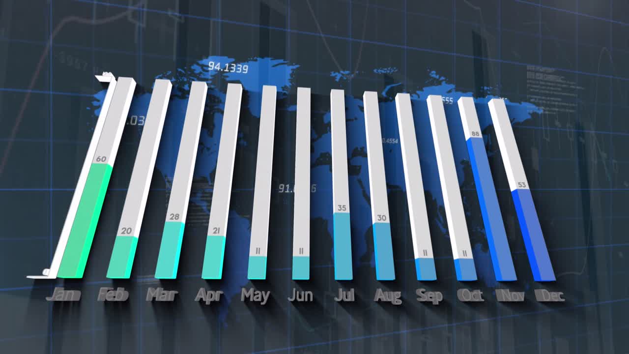 animación de gráficos sobre el mapa del mundo y coordenadas en el espacio digital de la marina