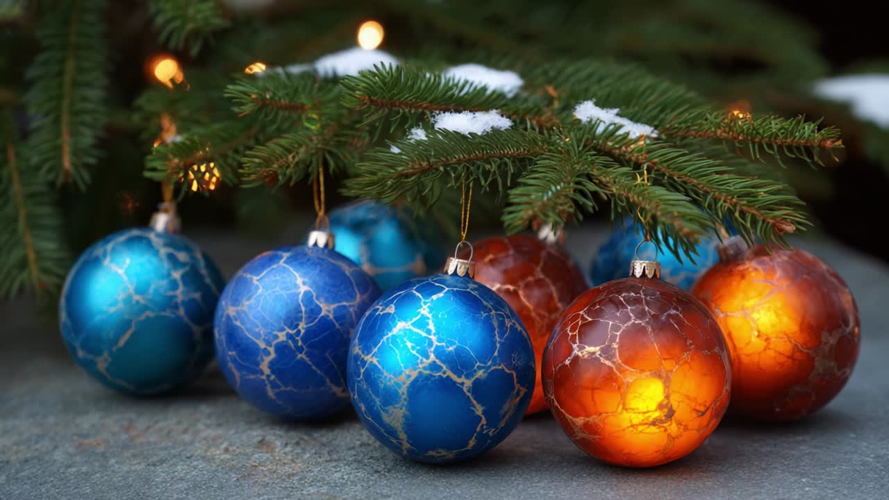 Elegant and Colorful Christmas Ornaments Hanging on a Fresh Green Pine Branch with a Touch of Snow, Capturing the Beauty of Holiday Decor in a Harmonious Winter Setting