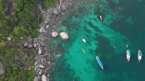 aerial view of parked boats at the rock bay, koh tao,thailand