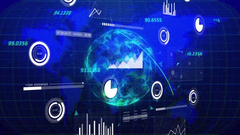 Animation-of-graphs,-loading-circles-and-bars-with-connected-dots-globe-over-blue-map