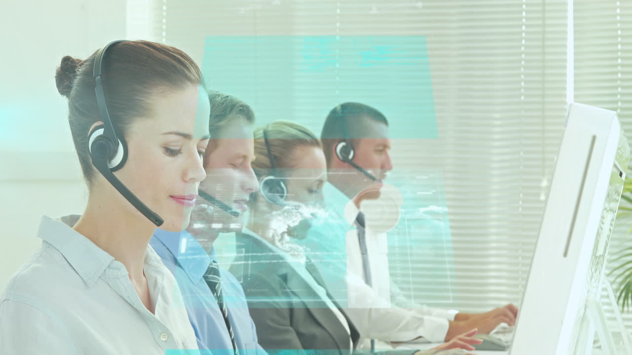 헤드 ⁇ 을 착용한 백인 사무실 직원들에 대한 연결 네트워크의 애니메이션