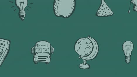 animación de los iconos relacionados con la escuela dibujados con tiza que se mueven sobre la pizarra verde