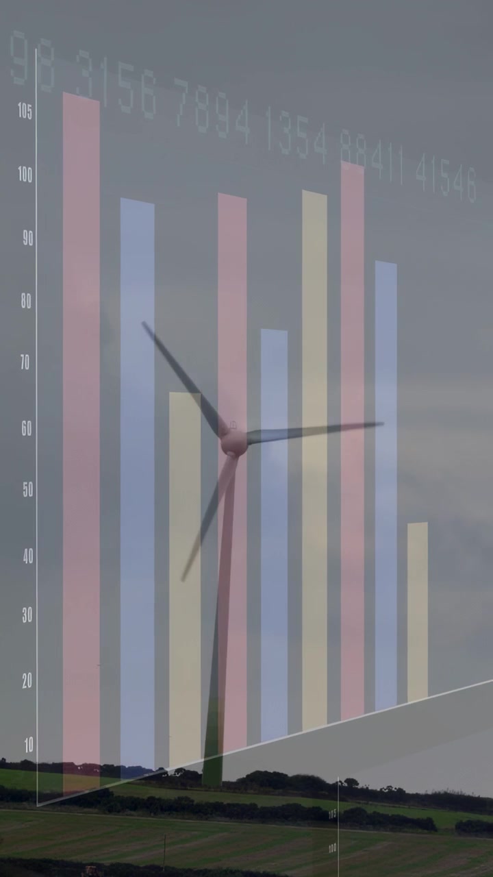 Vertical video: On start wind turbine rotating blades while translucent charts cycling for energy