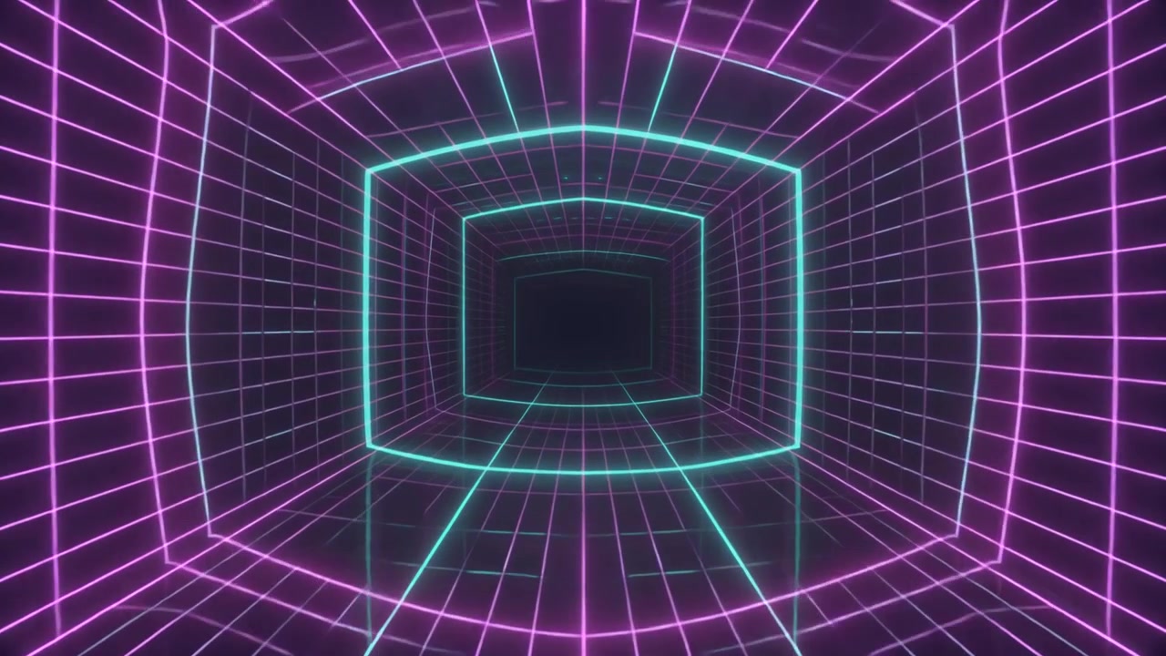 Tunnel a Griglia Neon in Stile Retro Synthwave che Avanza.
