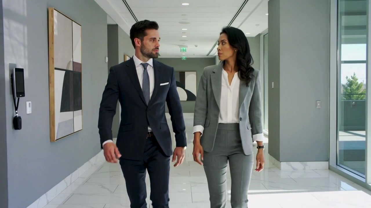 Partendo dall'estremità più lontana, un duo di colleghi cammina lungo il corridoio dell'ufficio discutendo di lavoro, indossando abiti e orologio.
