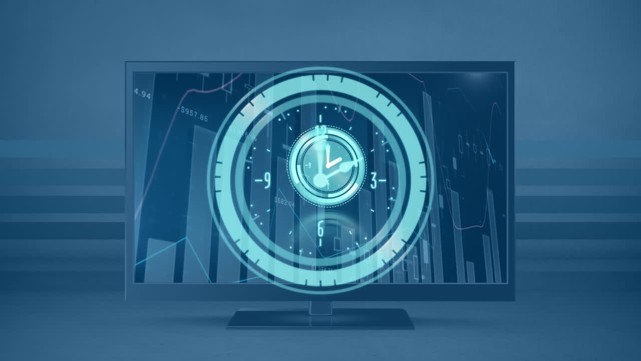 Animazione di orologio in movimento su grafico su computer.