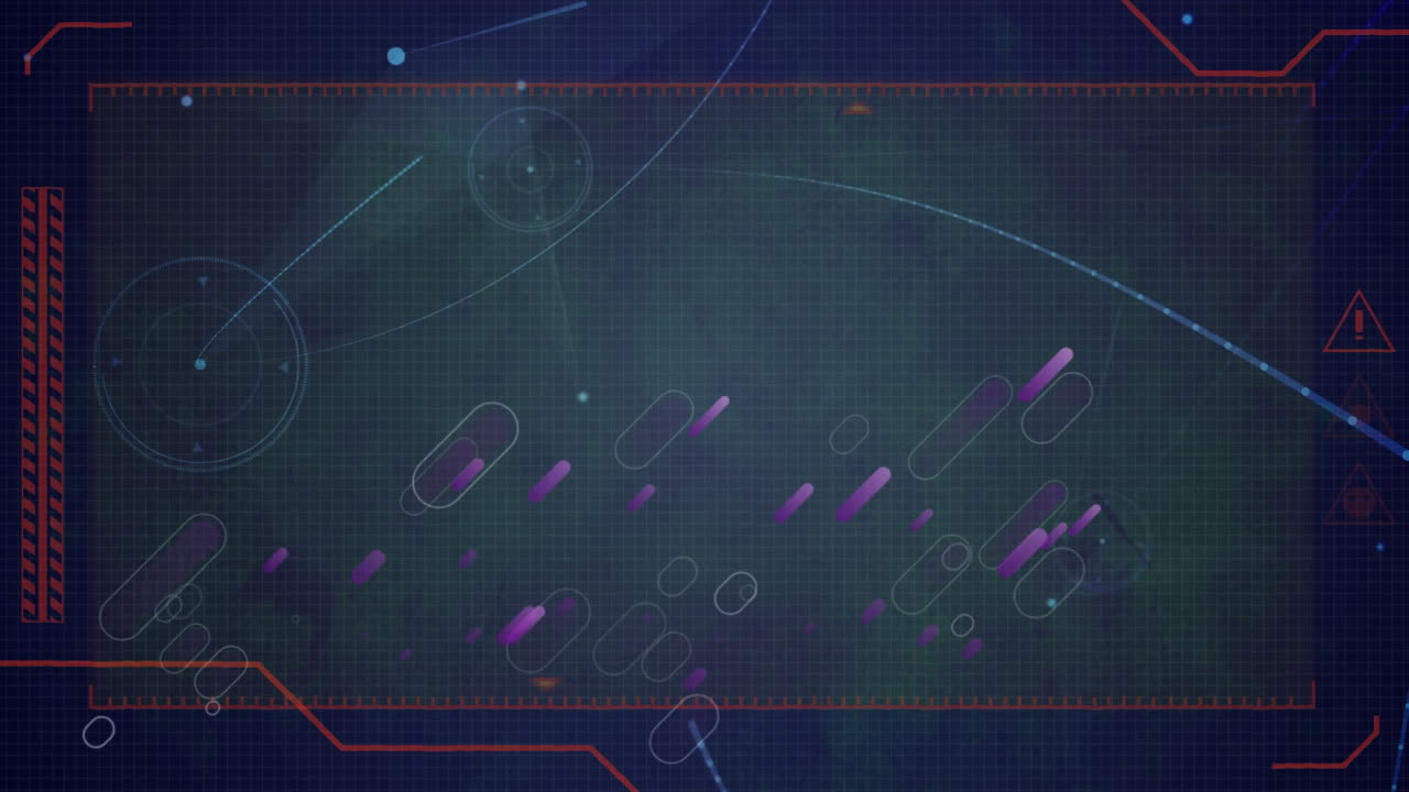 Digital interface with purple light trails and network of connections against black background