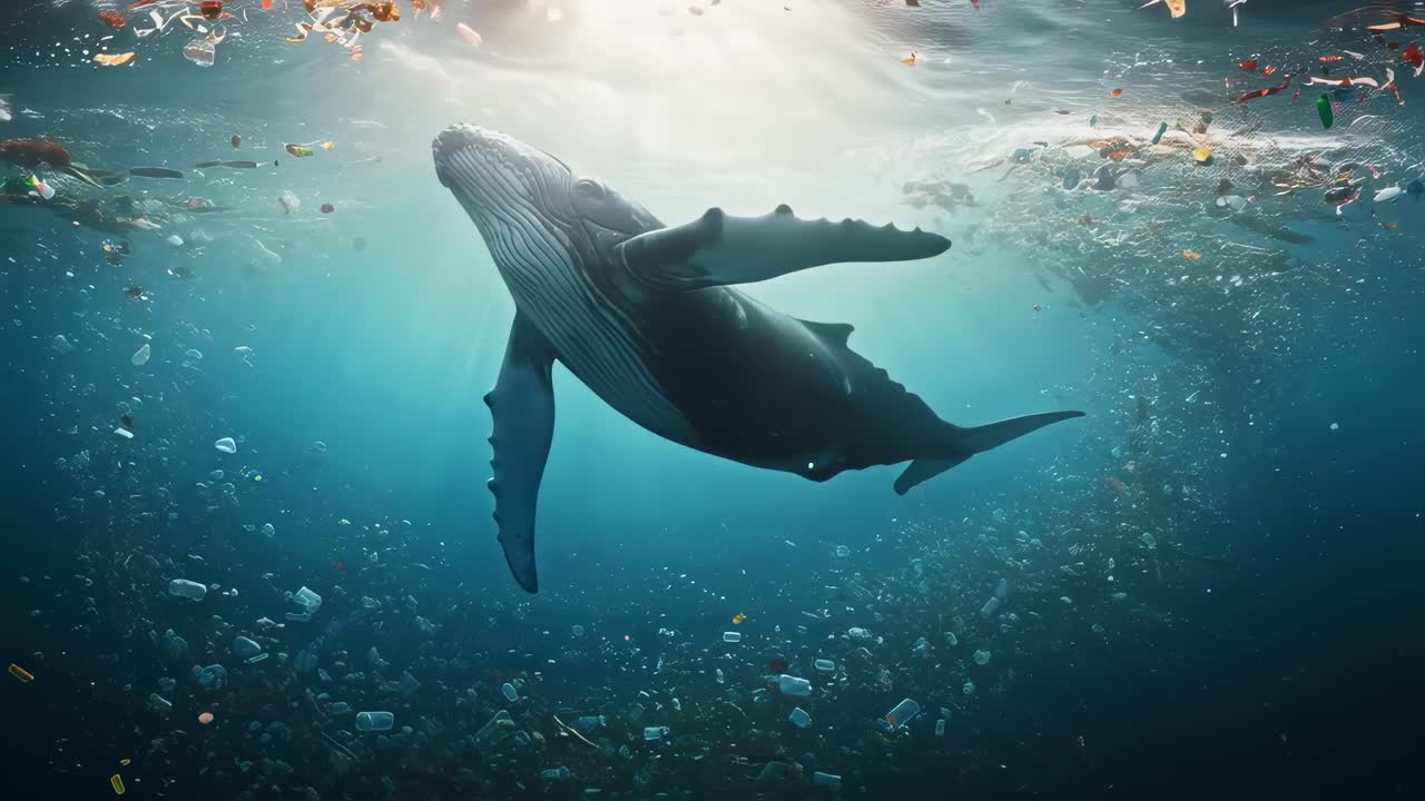 An underwater perspective showcases a majestic humpback whale gliding gracefully through scattered ocean debris, adjacent to a vibrant coral reef