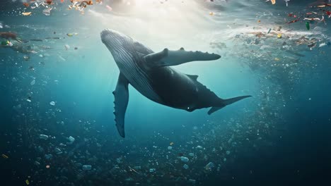 An underwater perspective showcases a majestic humpback whale gliding gracefully through scattered ocean debris, adjacent to a vibrant coral reef
