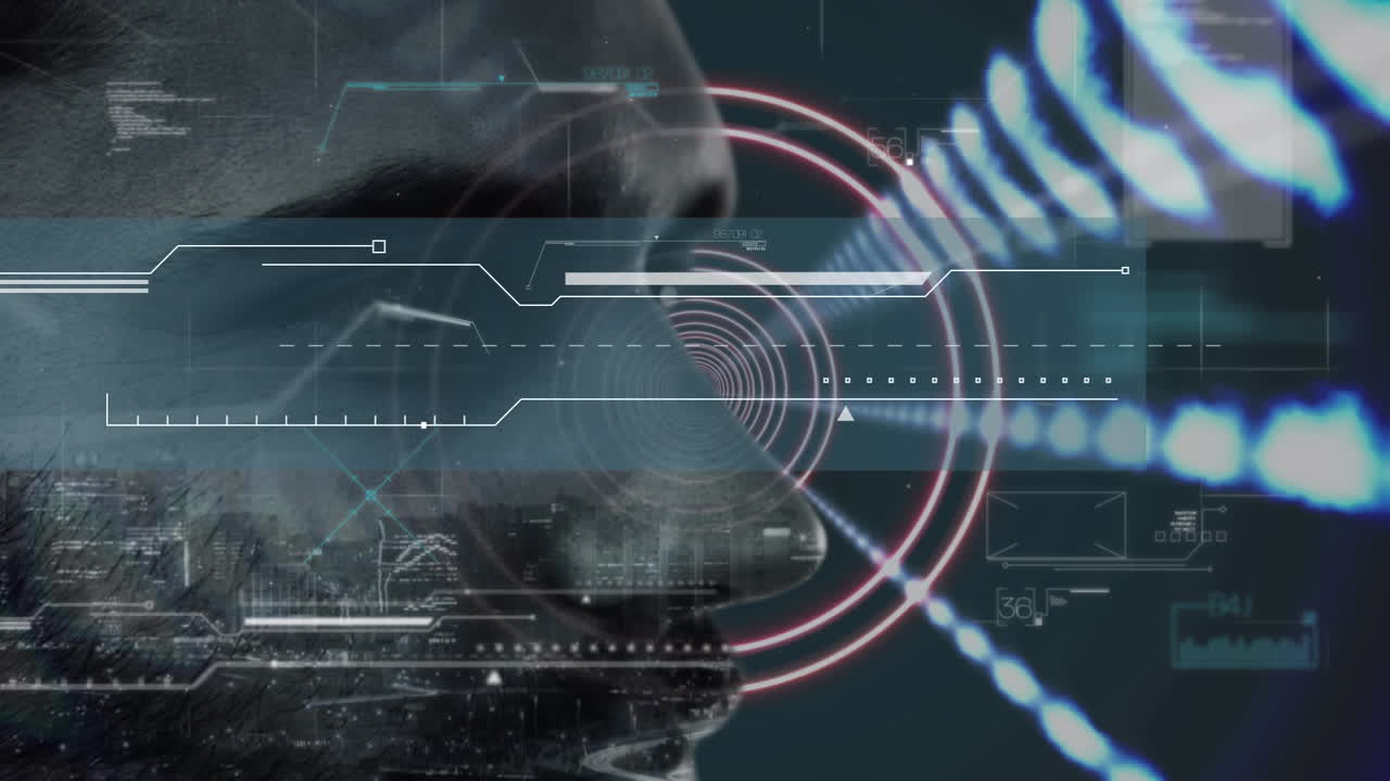 procesamiento de datos sobre un túnel brillante sobre el paisaje urbano contra el cierre de un hombre caucásico