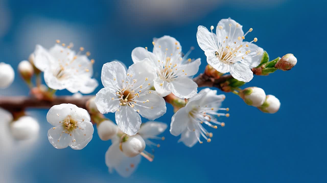 Delicate White Blossom on a Branch Against a Soft Blue Background: A Stunning Close-Up of Nature's Beauty and Renewal