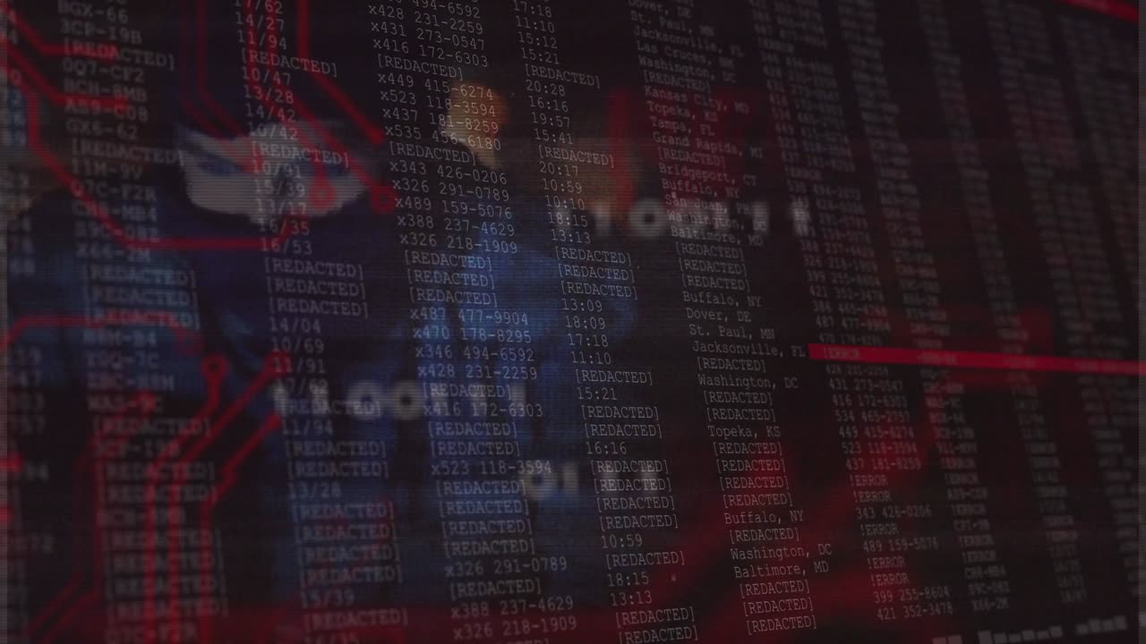 Red scan sweeping data filling rows, ghost face emerging, HUD markers pulsing, flagging for review