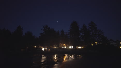 warm house light reflections on a wet beach at starry night, tofino, canada