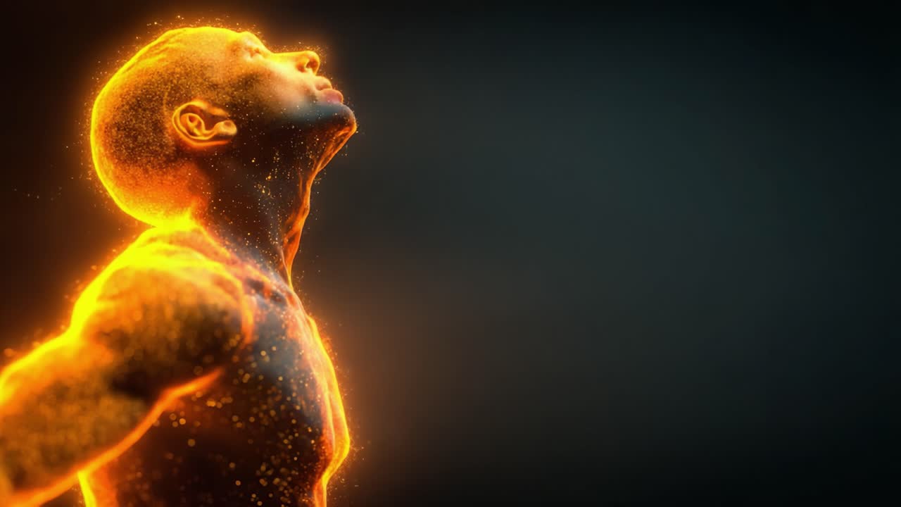 Un viaje transformador: Ilustrando la esencia de la vitalidad a través de una forma humana luminosa que encarna luz y energía en una cautivadora exploración visual