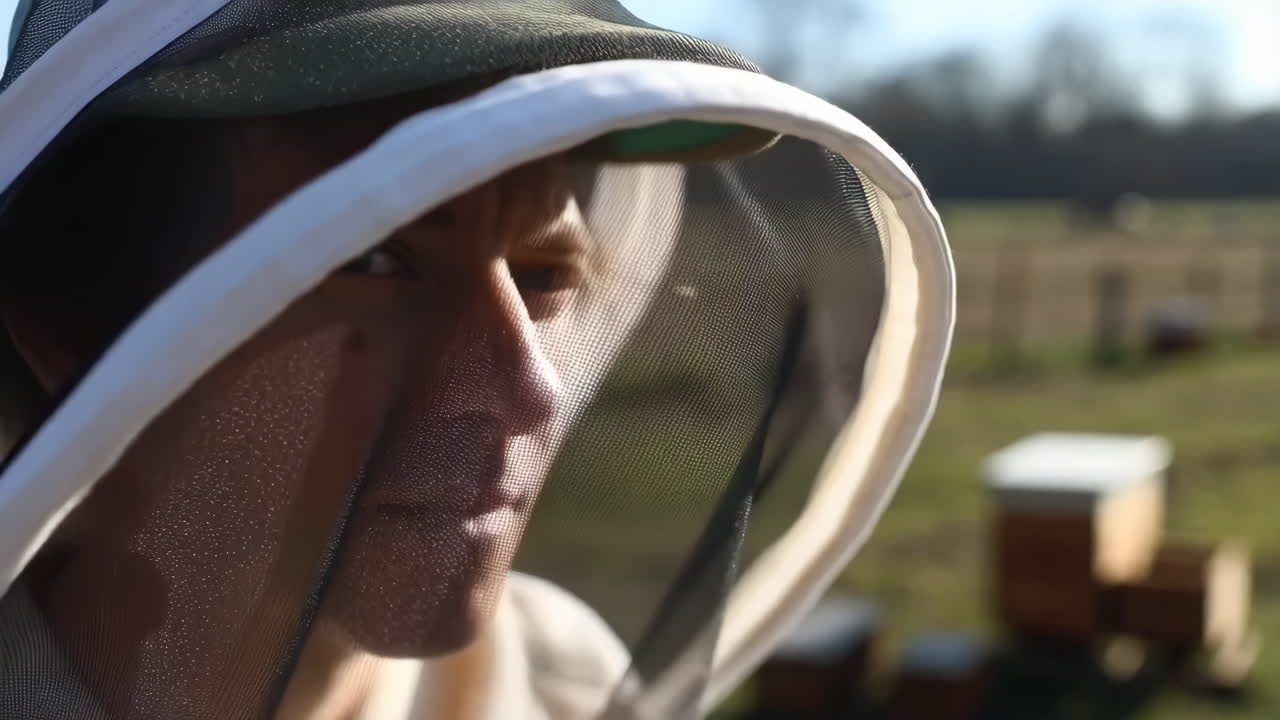 Close-up of a beekeeper in a protective suit at an apiary