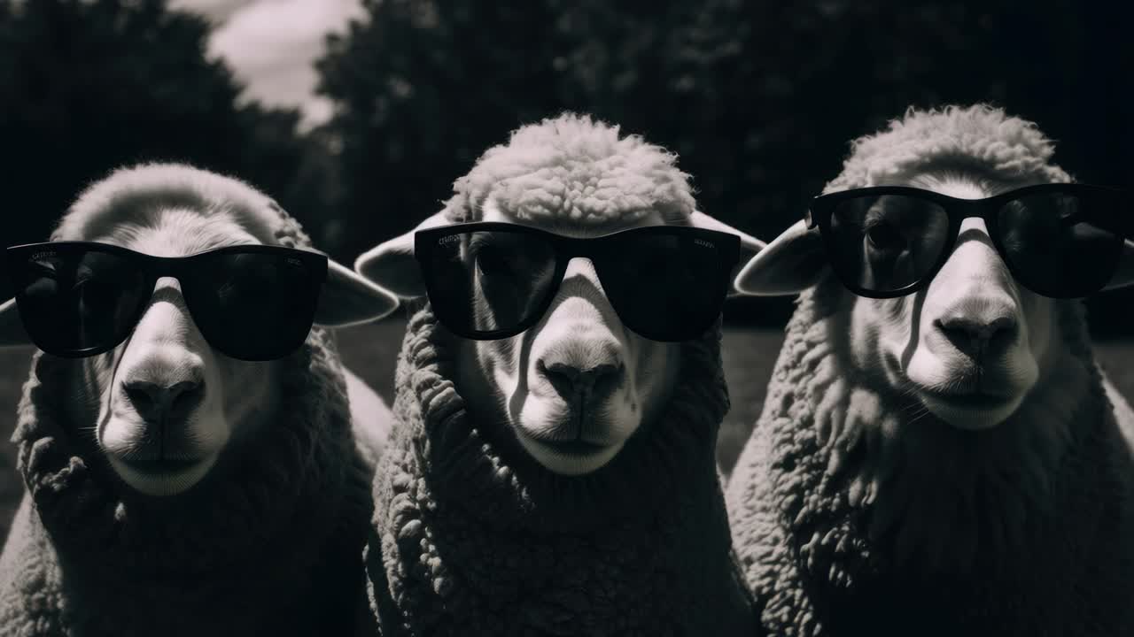Tre får med solbriller, der poserer på en cool og humoristisk måde
