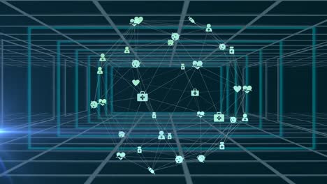 Animation-Des-Netzwerks-Von-Verbindungen-Mit-Symbolen-Auf-Schwarzem-Hintergrund