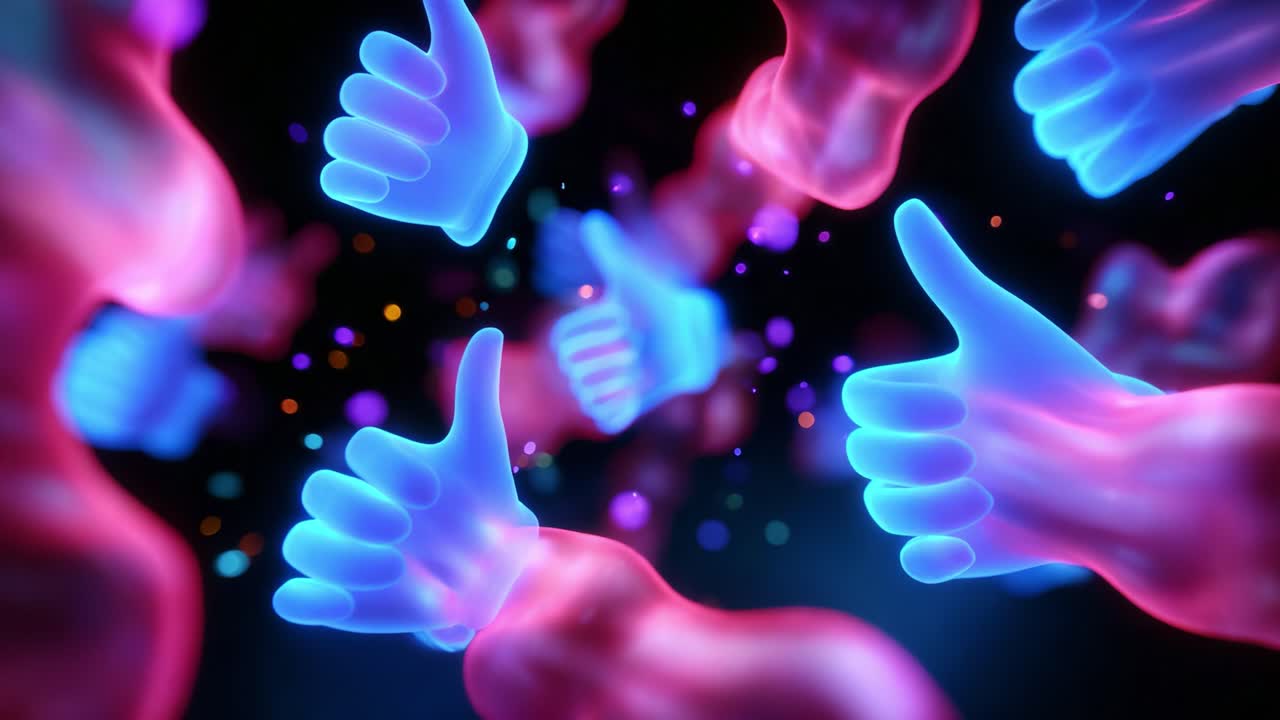 A Vibrant Display of Colorful Thumbs-Up Symbols in a Fantasy Space, Featuring Dynamic Blue and Pink Hues Surrounded by Sparkling Particles, Evoking Positive Vibes and Enthusiasm in an Abstract Style