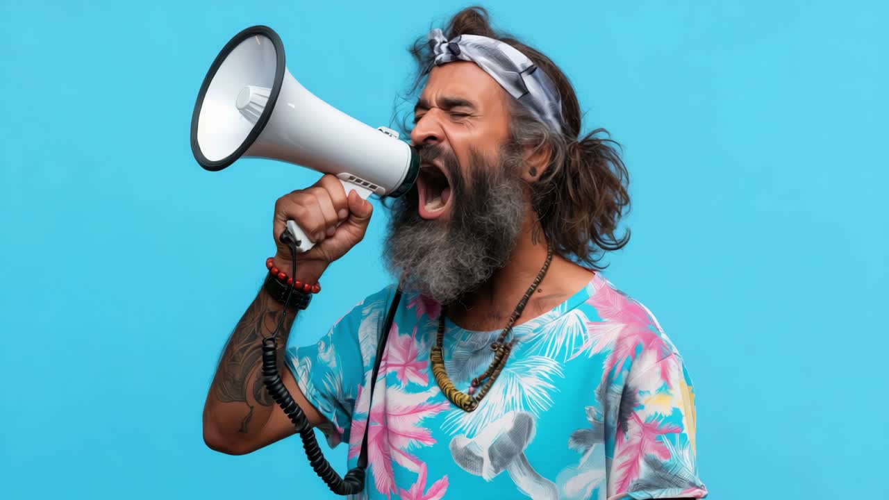 Enthusiastic man with a megaphone passionately sharing ideas, dressed in a colorful floral shirt, radiating energy and excitement in a vivid blue backdrop