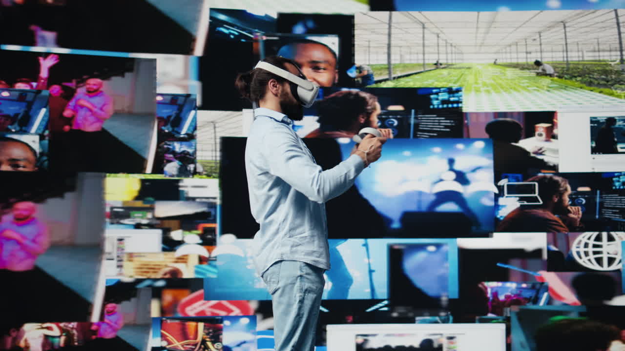 High tech person uses virtual reality headset for a 3d web design