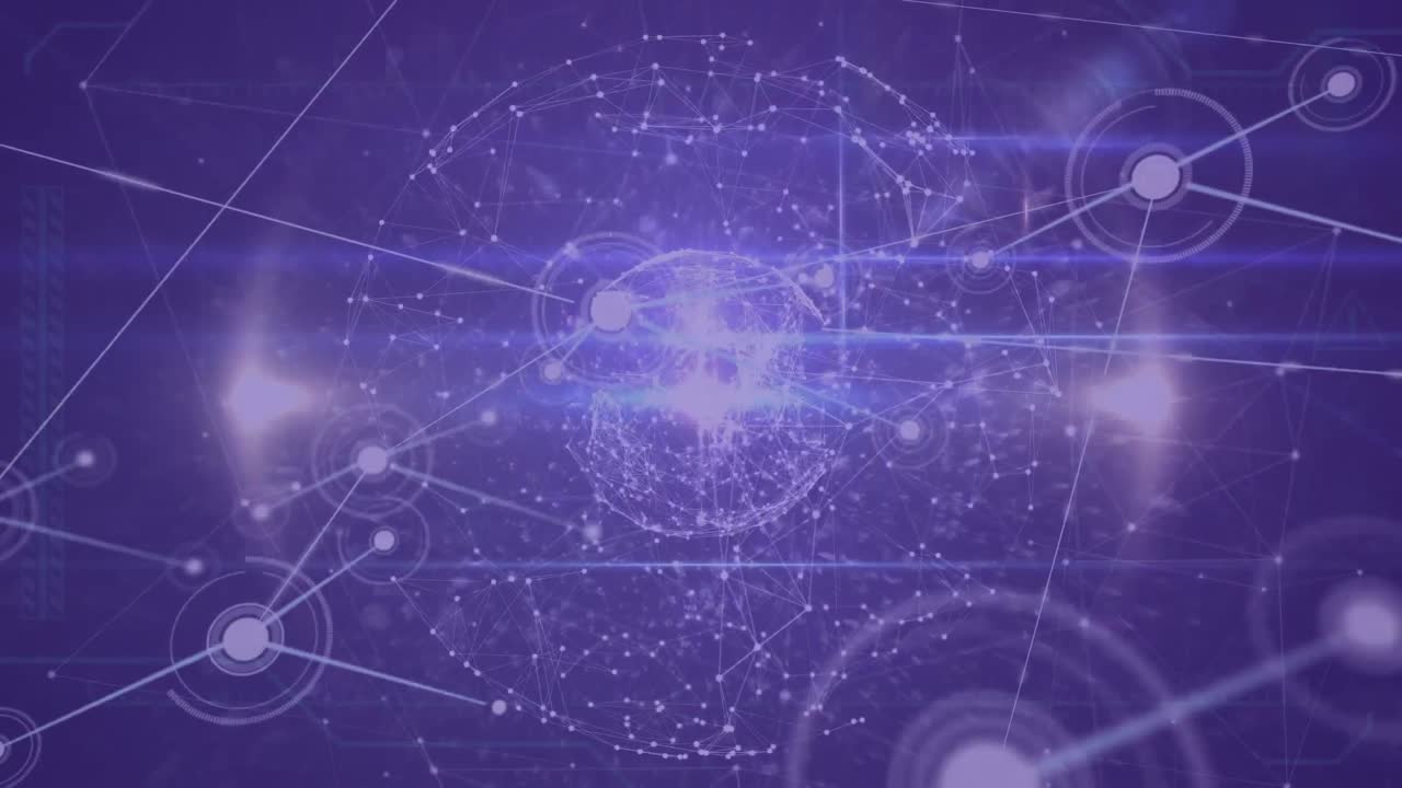 animación de la red de conexiones sobre un globo giratorio contra un fondo azul