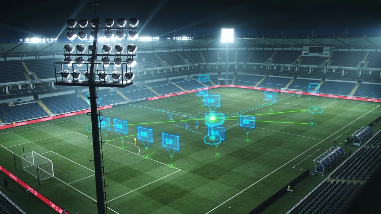 Activating core hub linking blue kits with green lines night pitch, showing data cards for analysis