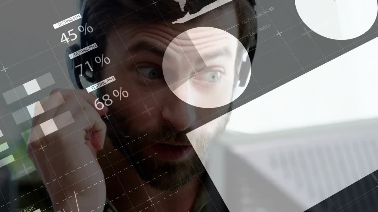 Animation of data processing over caucasian businessman using phone headset