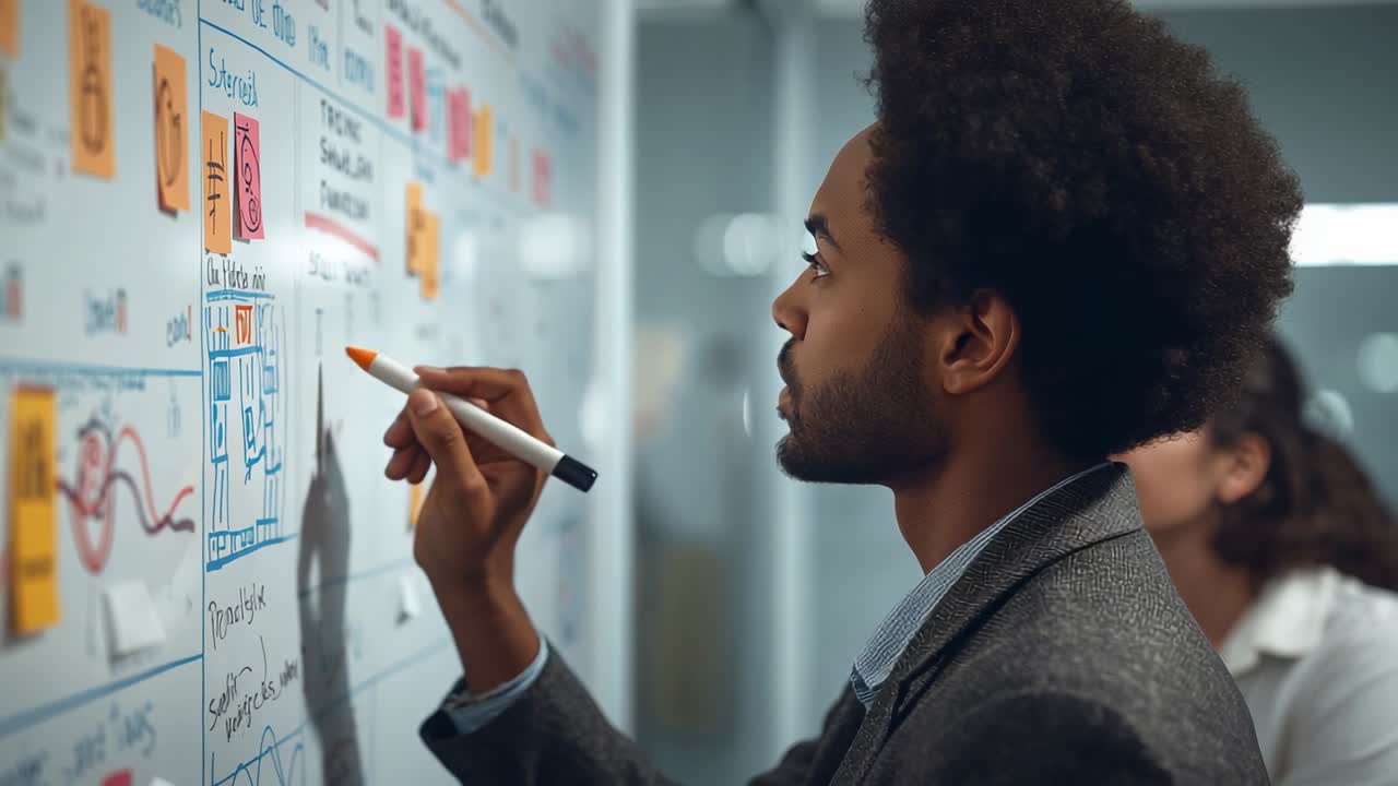 Studying man in blazer circling UX flow notes on whiteboard in workspace with markers, copy space
