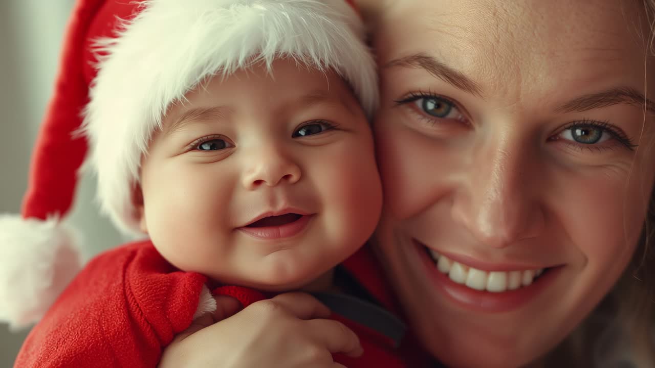 Mãe carinhosa segurando bebê com roupa vermelha combinando e gorro de Papai Noel em casa, compartilhando laços festivos