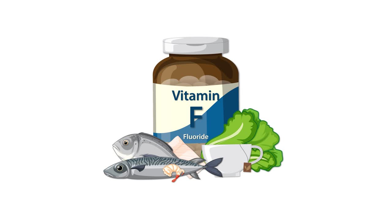 Vitamin F bottle appears as fish, eggs, leafy greens, and nuts animate in around it
