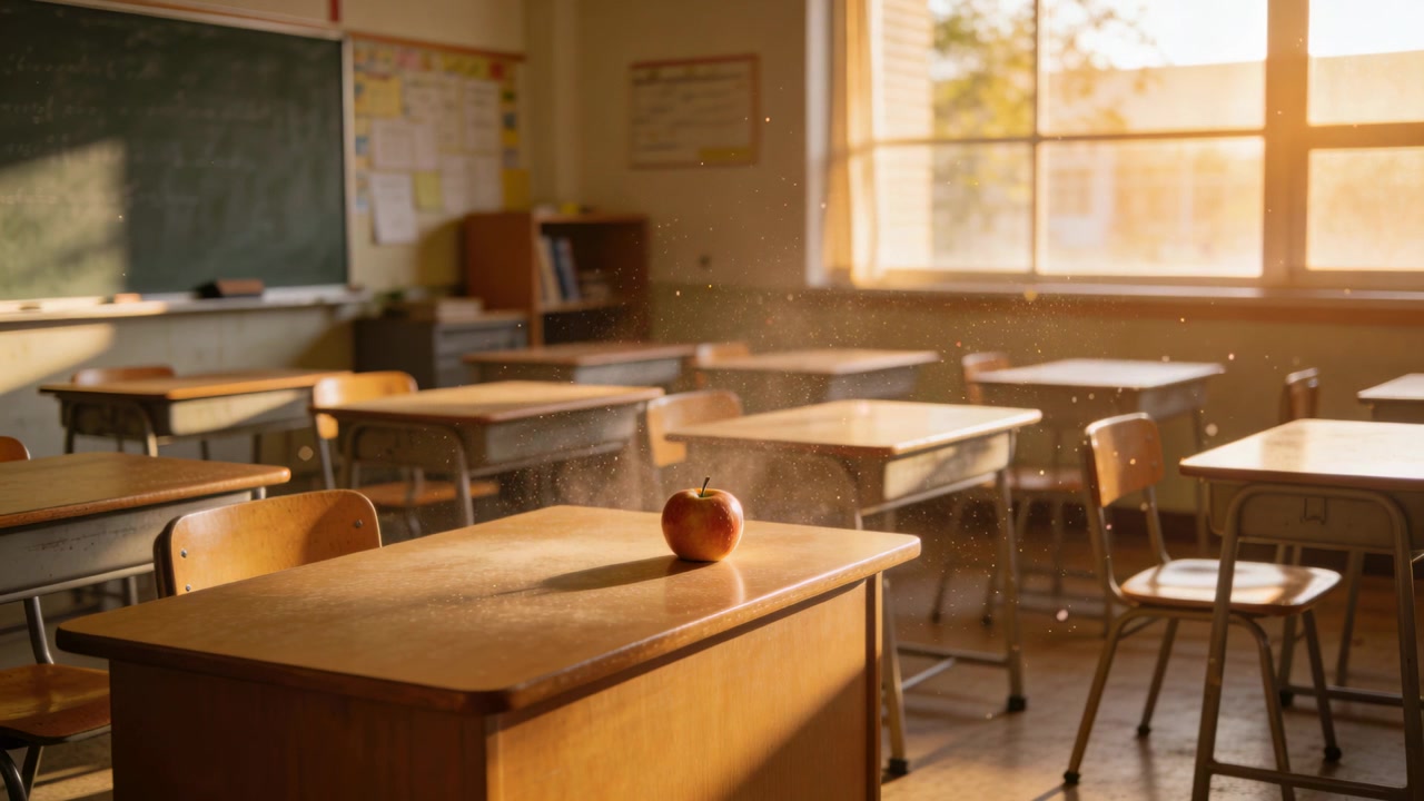 Una mela rossa posata sulla cattedra dell'insegnante a scuola, con la luce del sole che si intensifica e il pulviscolo che fluttua.