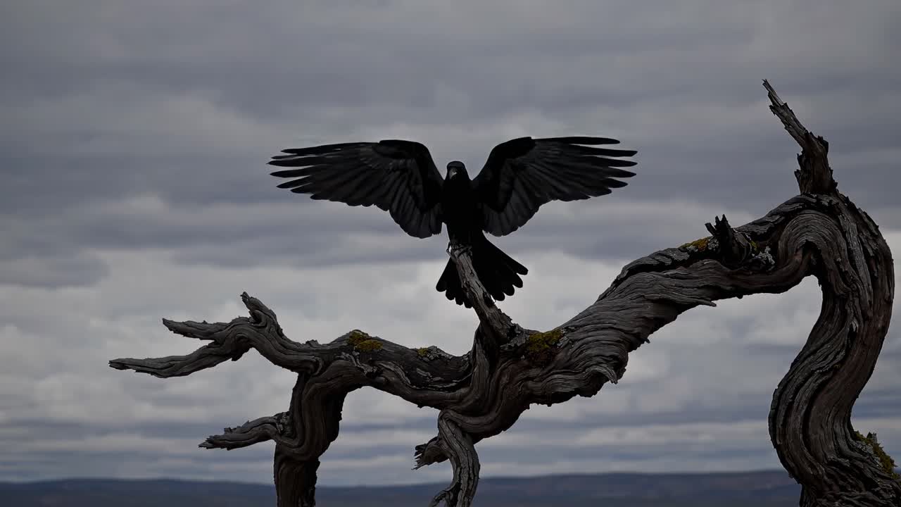 A dramatic video still of a crow with wings spread, perched on a twisted branch