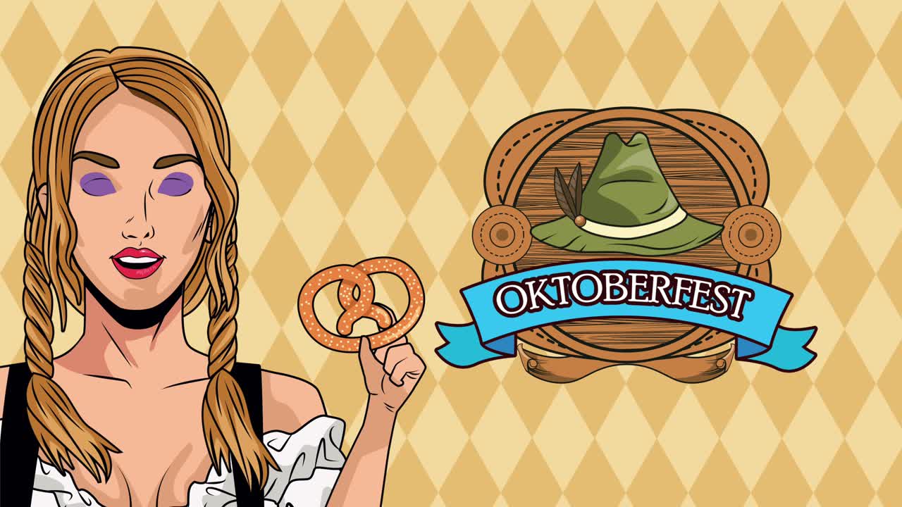 섹시한 소녀가 프레틀을 들어 올리는 행복한 오크테르페스트 축제 애니메이션